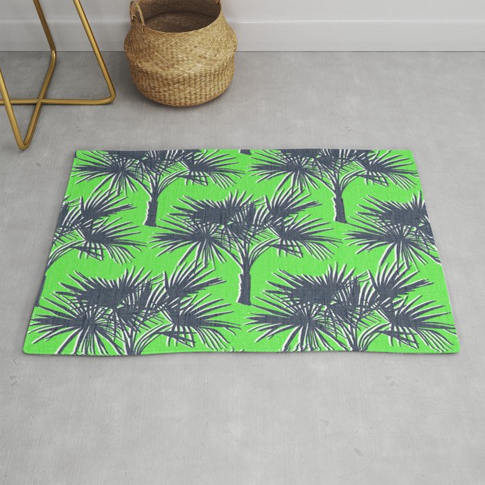 70’s Palm Trees Navy Blue on Lime Green Rug
