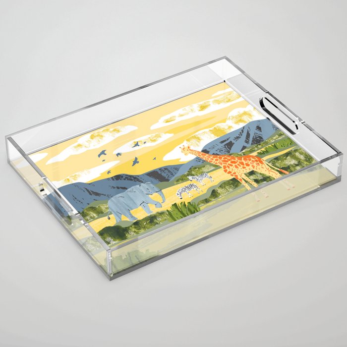 Africa. Savanna landscape with animals. Reserves and national parks outdoor. Bright hand draw Illustration with zebras, giraffe, elephant, birds, mountains, bushes and sunset Acrylic Tray