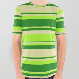 [ Thumbnail: Light Green, Forest Green, and Pale Goldenrod Colored Lines Pattern All Over Graphic Tee ]