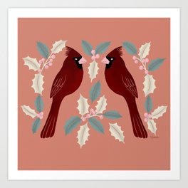 Winter Cardinal and Holly Berries on Mauve Art Print