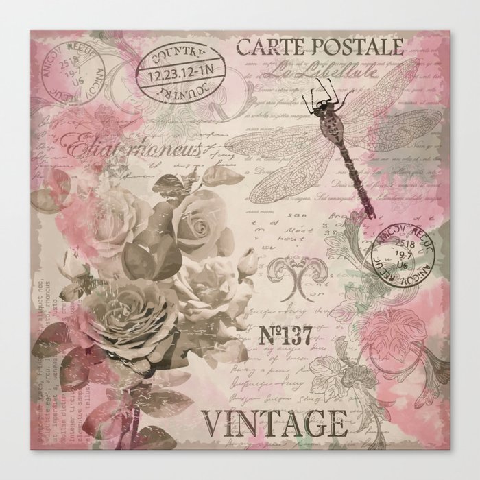 Vintage Flowers with roses and dragonfly.  Canvas Print