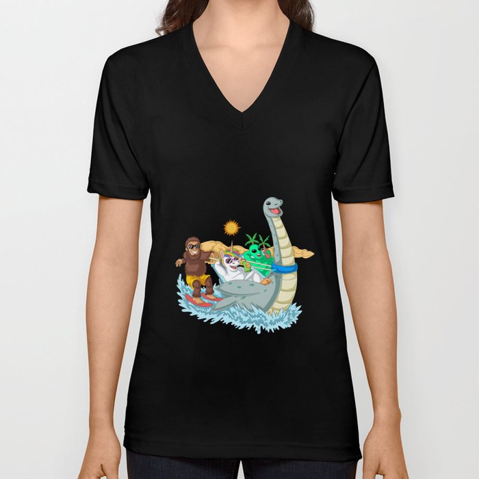 Bigfoot alien and unicorn Riding Loch Ness V Neck T Shirt