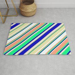 [ Thumbnail: Eyecatching Light Salmon, Green, Blue, Pale Goldenrod, and Mint Cream Colored Lines Pattern Rug ]