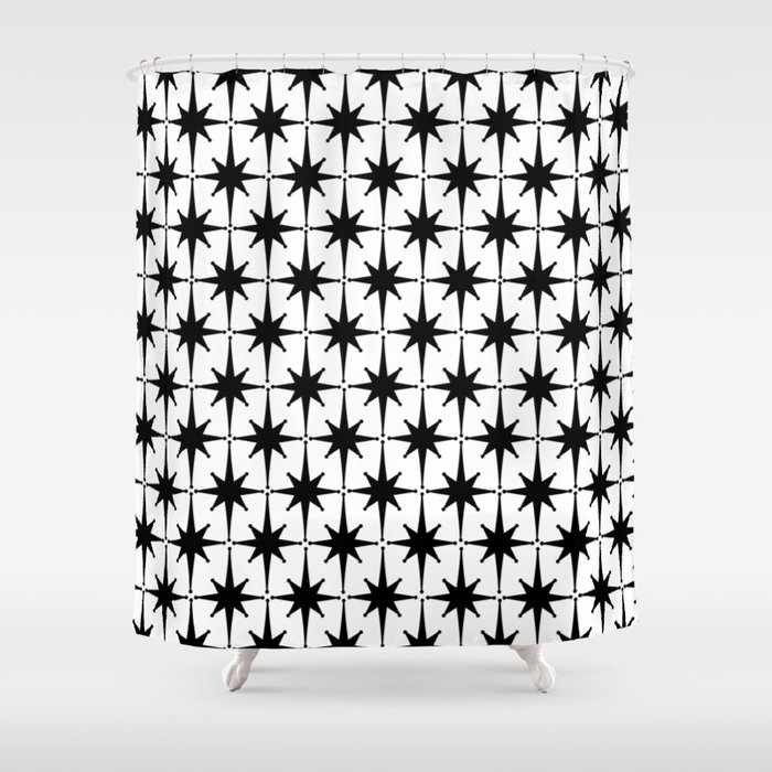 Midcentury Modern Atomic Starburst Pattern in Black and White Shower Curtain