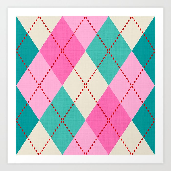 Retro Christmas Knitted Argyle Pattern 2. Pink and teal on cream Art Print