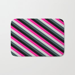 [ Thumbnail: Deep Pink, Light Grey, Dark Slate Gray & Black Colored Lines/Stripes Pattern Bath Mat ]