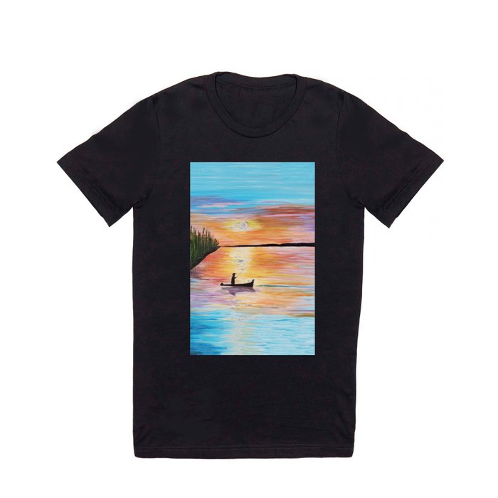 Acrylic Sunset on Lake with Fisherman T Shirt