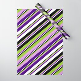 [ Thumbnail: Green, Plum, Indigo, White & Black Colored Lines/Stripes Pattern Wrapping Paper ]