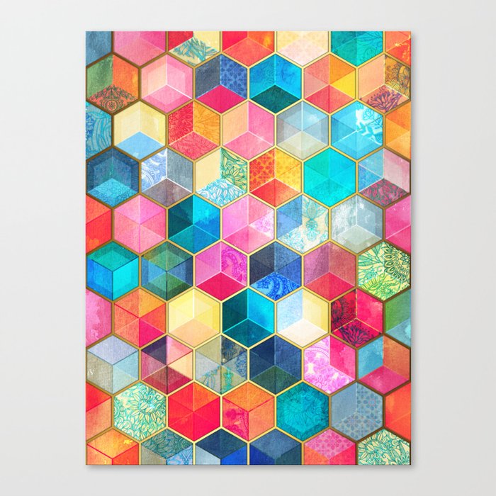 Crystal Bohemian Honeycomb Cubes Colorful Hexagon Pattern Canvas