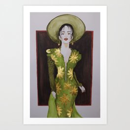 Classy woman in green dress with golden accents Art Print