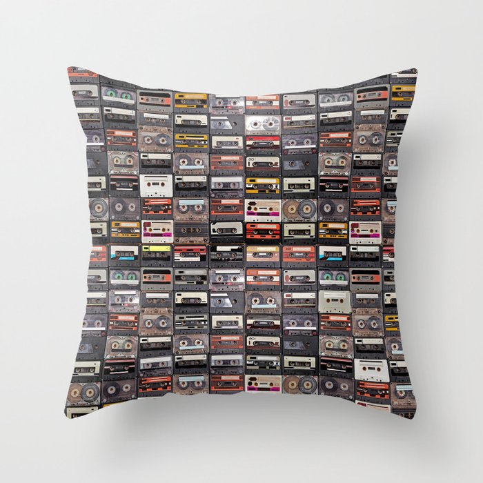 Huge collection of audio cassettes. Retro musical background Throw Pillow