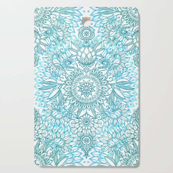 Turquoise Blue, Teal & White Protea Doodle Pattern Cutting Board