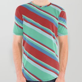 [ Thumbnail: Powder Blue, Aquamarine, Blue, and Red Colored Lined/Striped Pattern All Over Graphic Tee ]