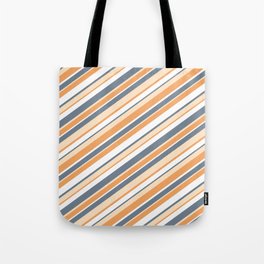 [ Thumbnail: Slate Gray, Bisque, Brown & White Colored Stripes/Lines Pattern Tote Bag ]