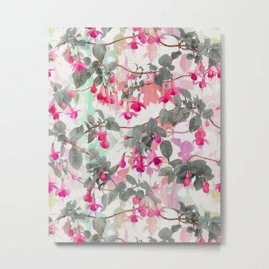 Rainbow Fuchsia Floral Pattern - with grey Metal Print