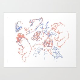 Lineair dog drawing in orange and blue Art Print