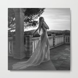 Young woman in classic evening gown on terrace sunset female fashion glamour portrait black and white photograph - photography - photographs poster Metal Print | Photograph, Eveninggown, Photographs, Glamour, Nude, Girlpower, Girlsrule, Black, Sheer, Poster 