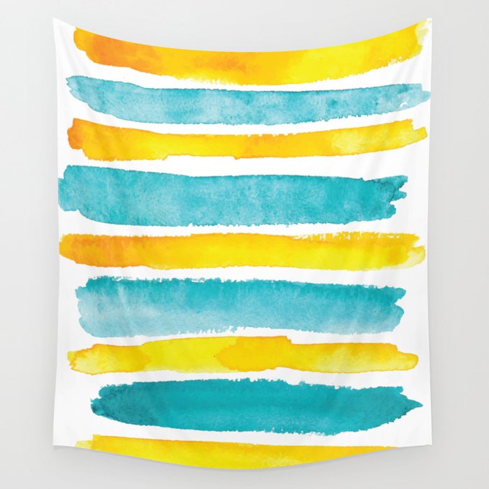 Watercolor yellow and turquoise stripes Wall Tapestry