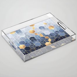 Cloudy Blue + Golden Hexagonal Modern Abstract Pattern Acrylic Tray