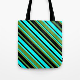 [ Thumbnail: Green, Black, and Aqua Colored Lined Pattern Tote Bag ]
