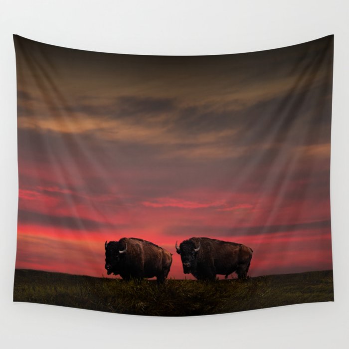 Two American Buffalo Bison at Sunset Wall Tapestry