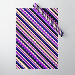 [ Thumbnail: Eyecatching Beige, Dark Violet, Tan, Dark Blue & Black Colored Stripes/Lines Pattern Wrapping Paper ]