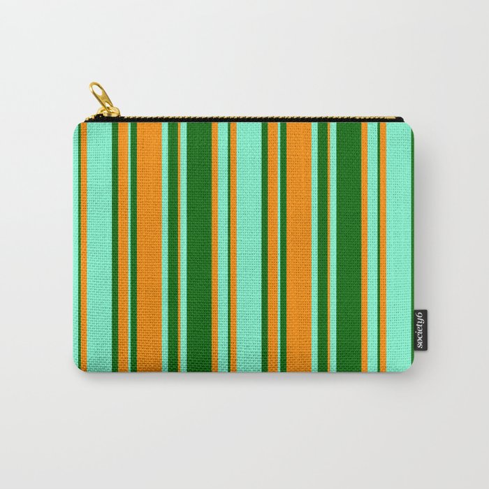 Dark Orange, Dark Green, and Aquamarine Colored Stripes Pattern Carry-All Pouch