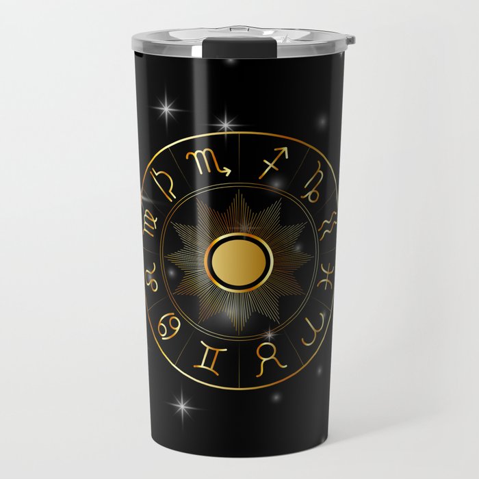 Zodiac astrology circle Golden astrological signs with moon sun and stars  Travel Mug
