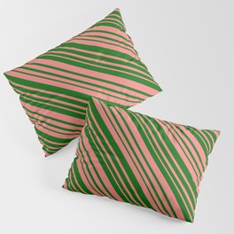 [ Thumbnail: Dark Green & Light Coral Colored Lined/Striped Pattern Pillow Sham ]