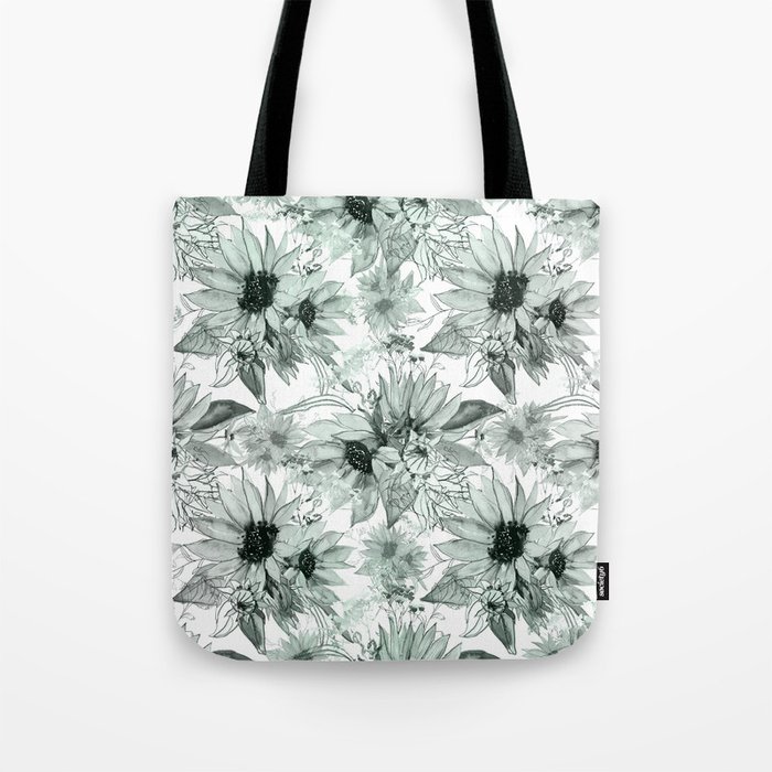 Watercolor mint green black white hand painted floral Tote Bag