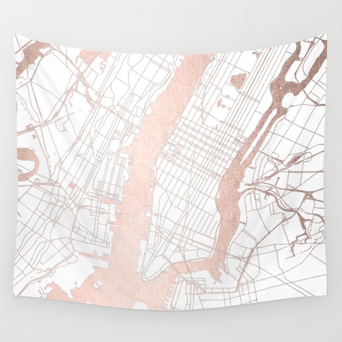 New York City White on Rosegold Street Map Wall Tapestry