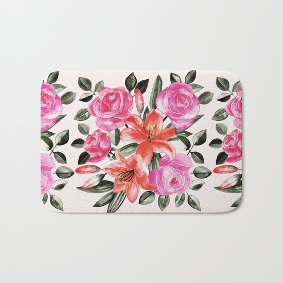 Roses and Lilies in watercolor Bath Mat