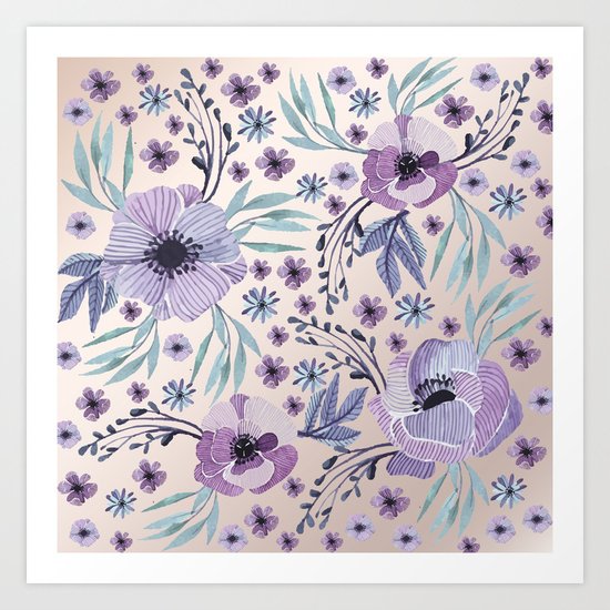 Purple Flowers and Green Leaves Art Print