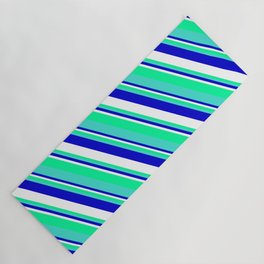 [ Thumbnail: Blue, White, Green, and Turquoise Colored Striped/Lined Pattern Yoga Mat ]