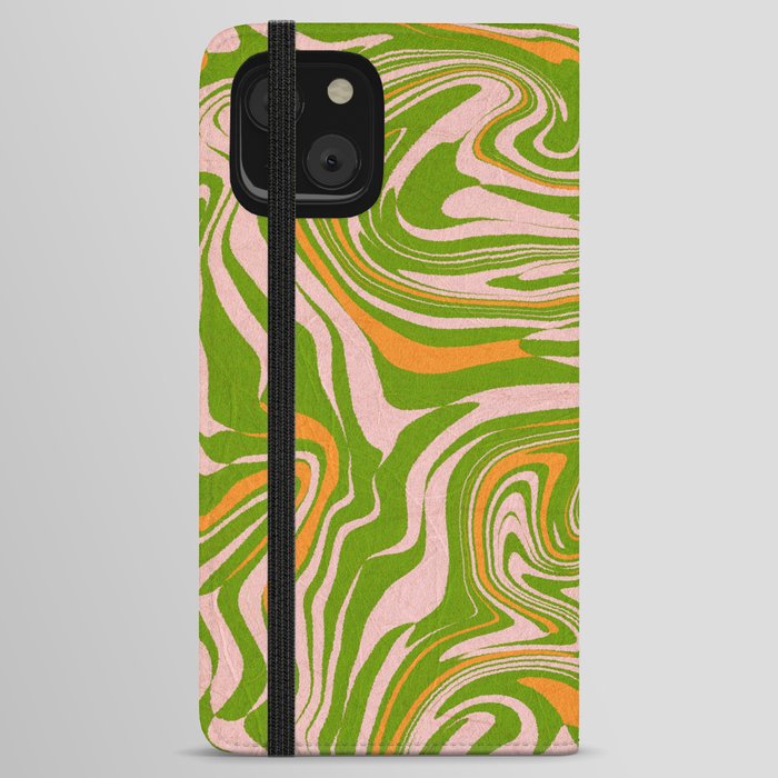 Retro green liquid marbling pattern iPhone Wallet Case