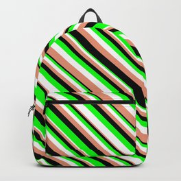 [ Thumbnail: Lime, White, Dark Salmon, and Black Colored Pattern of Stripes Backpack ]