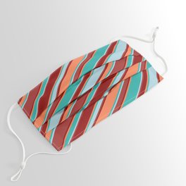 [ Thumbnail: Light Sea Green, Light Blue, Brown, Dark Red & Coral Colored Stripes/Lines Pattern Face Mask ]