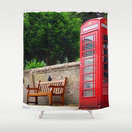 Great Britain Photography - Red Phone Booth By A Wooden Bench Shower Curtain