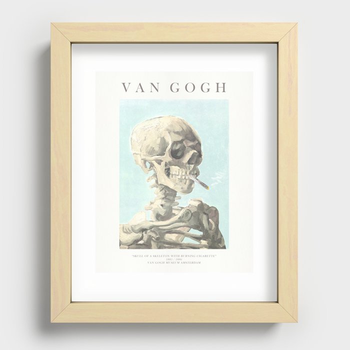 Vincent Van Gogh - Skull of a skeleton with burning cigarette (version with text & blue background) Recessed Framed Print