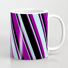 [ Thumbnail: Powder Blue, Purple, and Black Colored Striped/Lined Pattern Coffee Mug ]