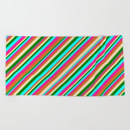 [ Thumbnail: Eye-catching Tan, Green, Cyan, Deep Pink, and Chocolate Colored Pattern of Stripes Beach Towel ]