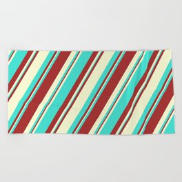 [ Thumbnail: Brown, Light Yellow, and Turquoise Colored Lined Pattern Beach Towel ]