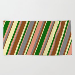 [ Thumbnail: Colorful Grey, Brown, Pale Goldenrod, Dark Green & Dark Salmon Colored Lined/Striped Pattern Beach Towel ]