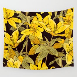 Vintage pattern with yellow lily. Tropical floral print with flowers, buds and leaves Wall Tapestry