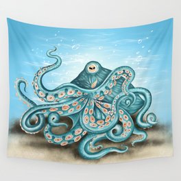 Octopus Tentacles Teal Bubbles Kraken Art Wall Tapestry