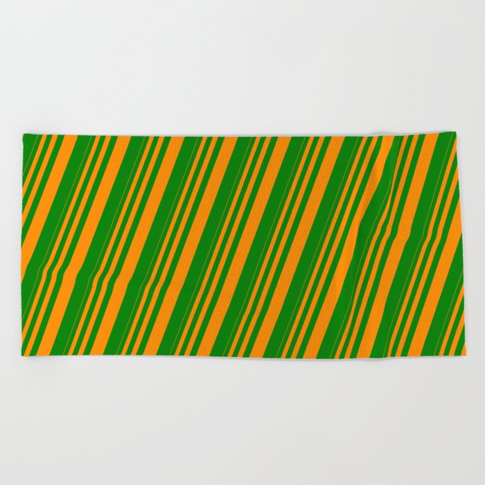 Dark Orange & Green Colored Stripes Pattern Beach Towel
