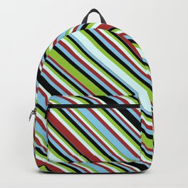 [ Thumbnail: Green, Light Cyan, Brown, Sky Blue & Black Colored Striped Pattern Backpack ]