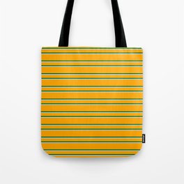 [ Thumbnail: Orange, Dark Green & Light Blue Colored Lined Pattern Tote Bag ]
