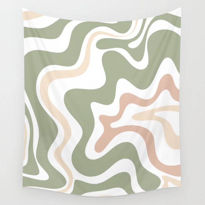 Retro Liquid Swirl Abstract Pattern in Sage, Blush-Cream, and White Wall Tapestry
