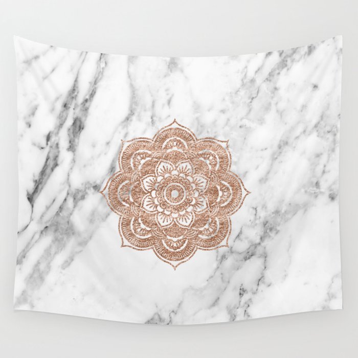 Rose gold mandala on marble Wall Tapestry